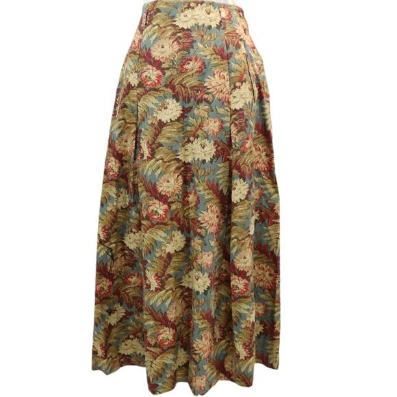 Vintage Dresses & Skirts - VTG Floral and Fern Corduroy Burgundy Green Side Button Maxi Skirt Folk Cottage